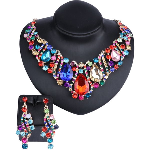 Fashion Charm Gold Color Jewelry Sets For Women Crystal Pendant Necklace Earrings Party Dress Accessories
