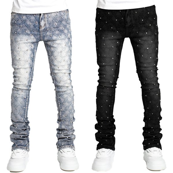Men's Clothing Men's denim fashion personality straight men's pants fashion ins hot style elastic pearl denim layered men's pants