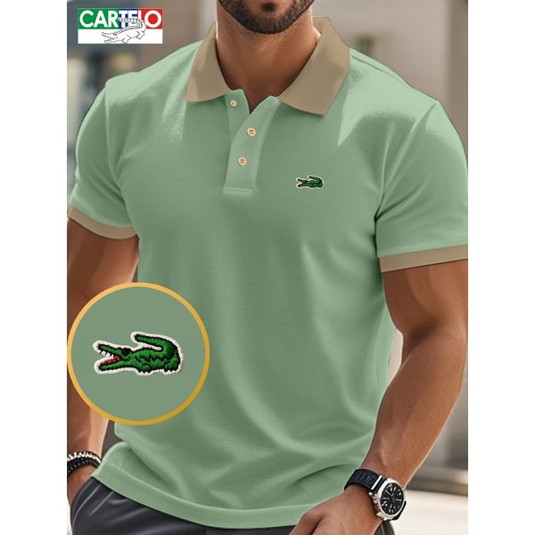Cartelo Crocodile Men's Short Sleeve Vintage Polo Shirt - Khaki & Green Contrast Collar, Breathable Pique Cotton, Retro Casual Summer Top For Daily We-image