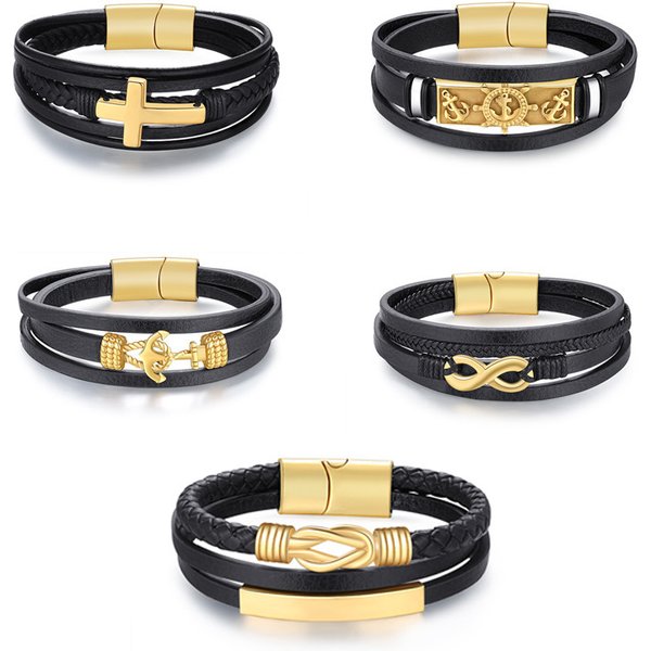 Men's Jewelry Leather Rope Bracelet Cross Anchor Stainless Steel Vacuum Gold Men's Braided Bracelet