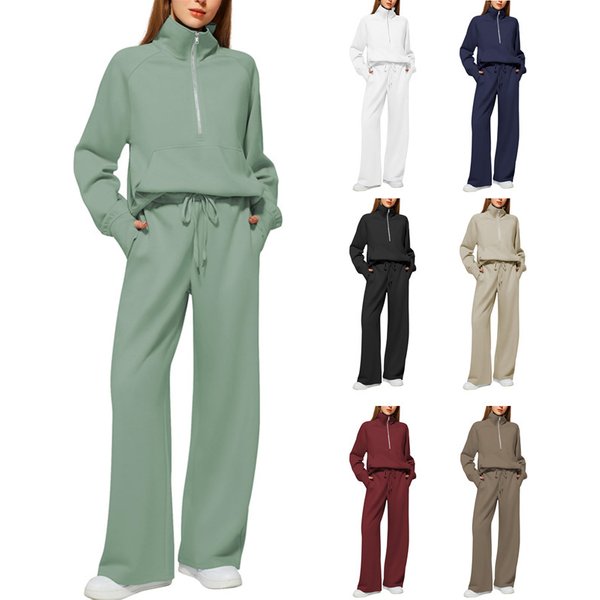 2025 Women's Two-Piece Oversized Half-Zip Sweatshirt Wide-Leg Sweatpants Casual Set-image