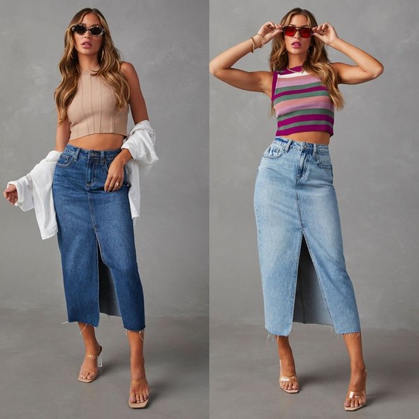 New Slit Denim Skirt Women's High Waist Washed A-Line Skirt Mid-length Skirt