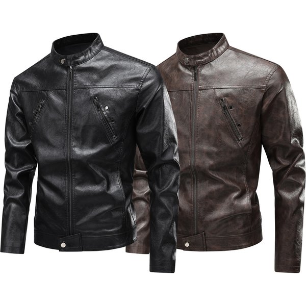 "Men's PU Leather Jacket - Slim Fit Stand Collar Biker Jacket For Motorcycle & Streetwear (S-3XL, Black/Brown)"