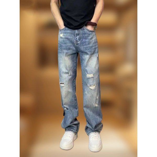 Vintage Blue Ripped For Men, Summer Thin Style, American Slim-fit Distressed Jeans
