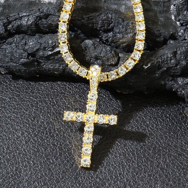 Hip-hop diamond-encrusted cross pendant necklace Cuban chain necklace full of diamond single-row Diamond Tennis chain trendy jew