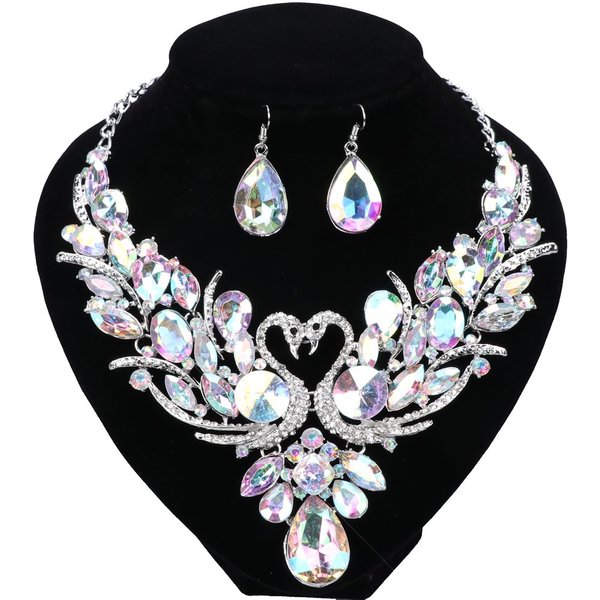 Luxury Silver Plated Crystal Double Swan Statement Chain Necklace Earring For Women Party Wedding Jewelry Set-image
