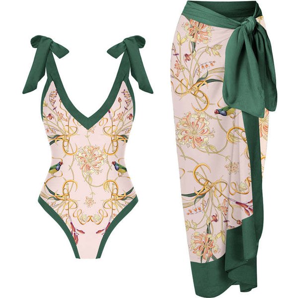 2023 New One Piece Swimwear Women's Tight and Slim Strap Swimwear Set Chiffon Long Skirt