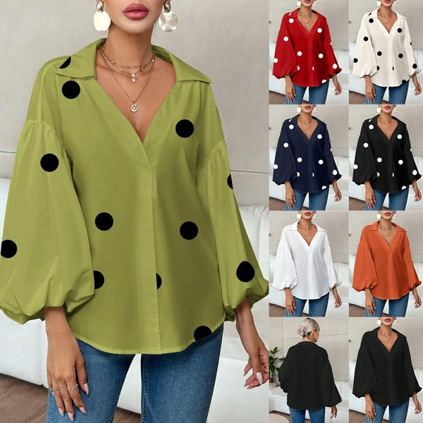Women's Chic French Polka Dot Top Half Open Collar Loose Fit Long Sleeve Niche Style Fashion-image