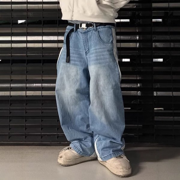 Men's Clothing New Style Splicing Spring And Summer Trend High Street Retro Washed Distressed Light Blue Slim Wide Leg Denim Men's Pants-image