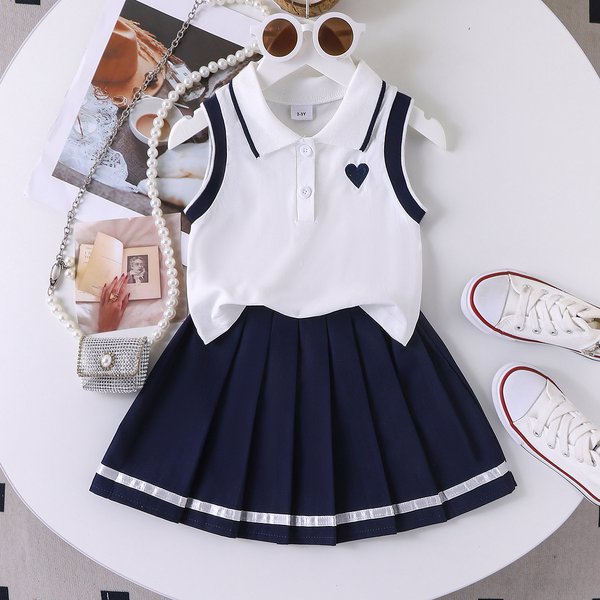 Girls' Preppy Two-Piece Set – Polo Collar Sleeveless Top + Pleated Skirt, Cotton School Style Outfit For Toddlers