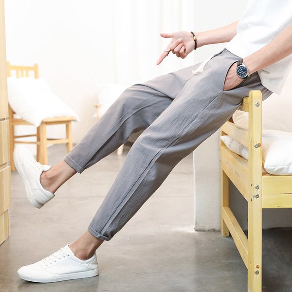 Men's Slim Fit Cropped Linen Sweatpants Spring Summer Harem Pants Casual Drawstring Skinny Trousers-image