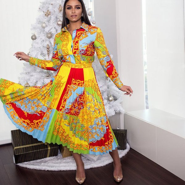 Women's Lapel Long Sleeve High Waist Slim Large Size Printed Casual Swing Skirt Women Dress-image