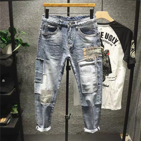 Men's Patch Distressed Jeans Korean Patchwork Cropped, Spring Autumn New Trendy Casual And Versatile Small Leg-image