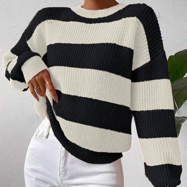 Trendy Striped Knit Sweater For Women - Comfortable Long Sleeve Round Neck Pullover, Casual & Stylish (Multiple Colors & Sizes)-image