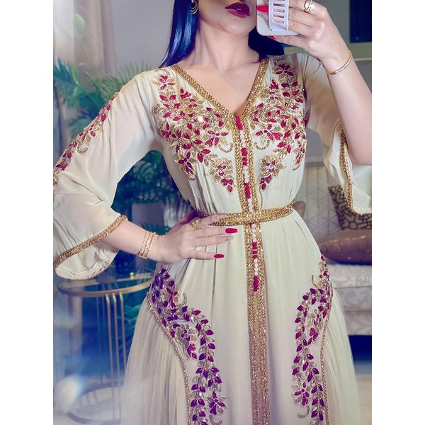Women's Clothing Spring And Summer New Middle Eastern Women's Independent Station Sexy Chiffon Embroidered Belt Dress-image