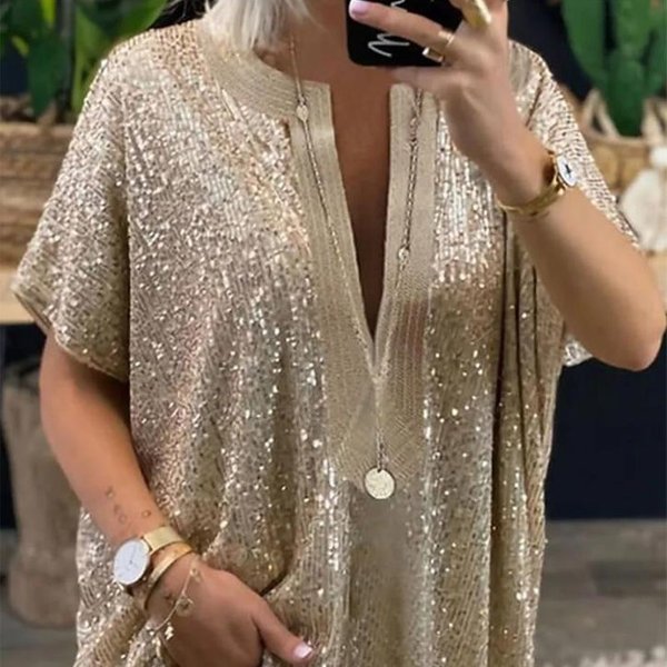 Women's Glitter V-Neck Blouse – Oversized Short-Sleeve Top With Sparkle Details, Elegant & Chic
