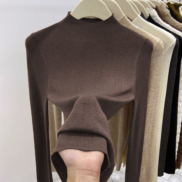 Semi-Turtle Neck Knit Sweater - Soft Stretch Slim Fit Pullover For Women, Lightweight Cotton Blend Layering Essential In 5 Neutral Shades (One Size)