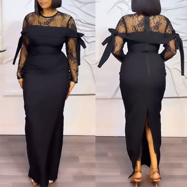 Women's Clothing S10665 Sexy Lace Stitching Perspective Slit Strappy Hip Dress-image