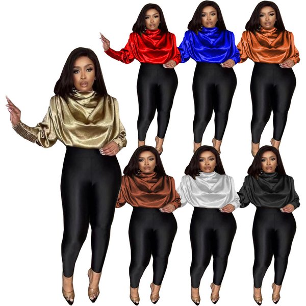 Women's Clothing Special price source women's woven tops Fashion loose high collar long sleeve slim short tops popular