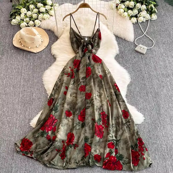 Elegant Floral Print Midi Dress For Women Summer 2025 Style Fashionable Full Skirt Sophisticated Youthful And Flattering-image