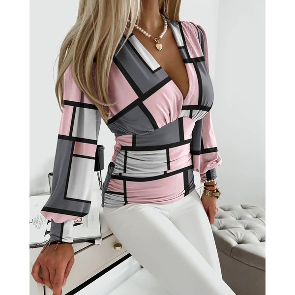 Women's clothing full size ready stock sexy plaid print v-neck waist pleated top