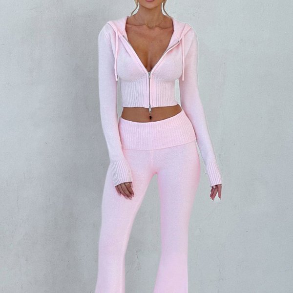 2025 Spring New European And American Cross Border Solid Color Slim Short Hooded Top Casual Pants Suit Two Piece Set Women-image