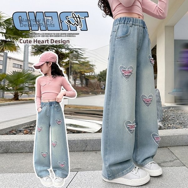 Girls' Straight Leg Wide Leg Pants Spring Autumn Collection Season 8 New Spring Clothing Denim Jeans for Middle And High School Students