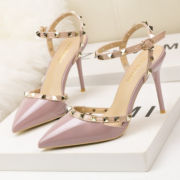 Women's Pumps Women's Shoes Rivet High Heels Stiletto Korean Version Versatile Nude Color Cool One-Word Buckle Bag Heel Sandals Women's Single Shoes-image
