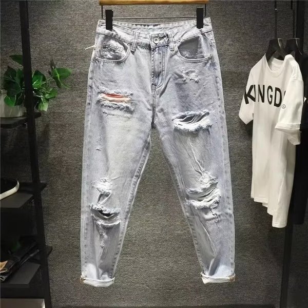 Men's Clothing Street Washed Distressed Ripped Jeans For Men Spring And Autumn Straight High Street Vibe Style Handsome Long Pants-image