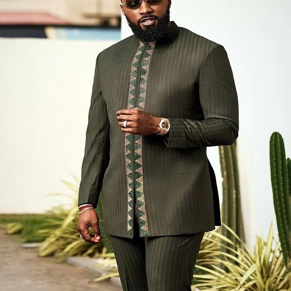 2-Piece Men's Kaftan Set African Style Long Sleeve Striped Embroidered Outfit For Wedding Party Business Formal Wear-image