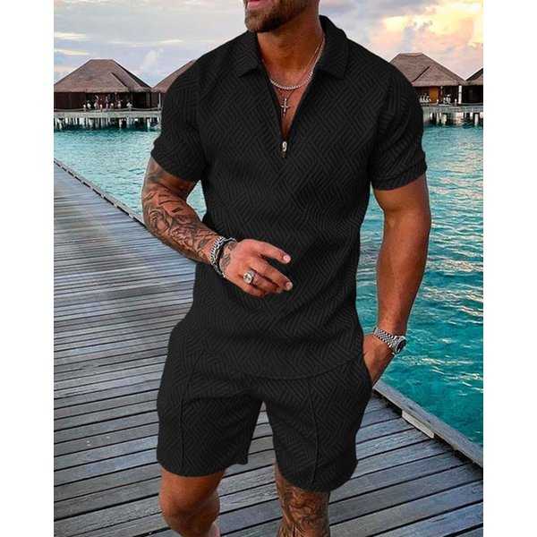 Men's Fashion Casual Suit 3D Printed Zipper Short Sleeve Polo Shirt Shorts 2-Piece Set-image