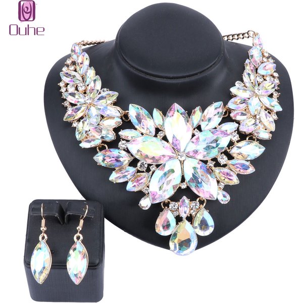Crystal Choker Statement Necklace Earring Jewelry Set Rhinestone Wedding Gift Women Brides Prom Party
