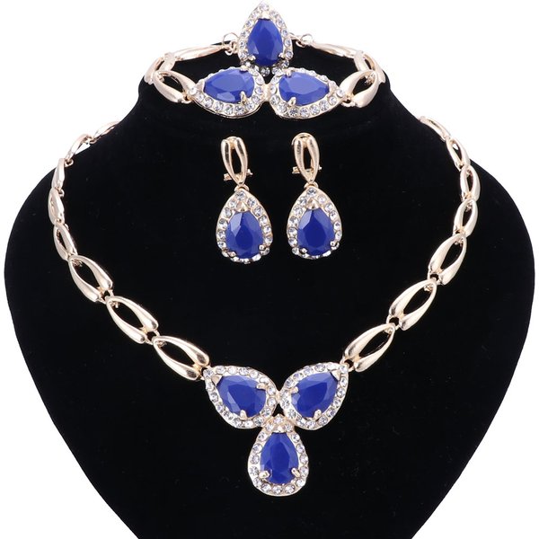 New Gold Color Imitated Blue Gem/Crystal Women Wedding Party Necklace Bracelet Earring Ring Jewelry Sets-image