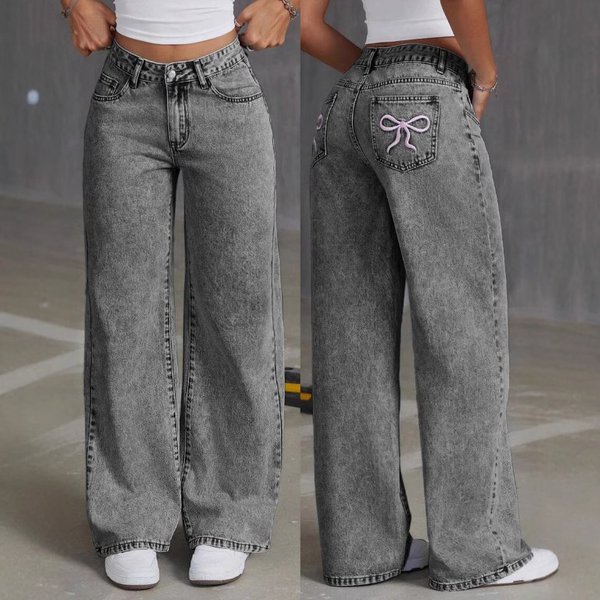 Women’S Clothing Bow Embroidered Jeans For Women Sweet And Spicy Style High Waist Straight Pants Loose Casual Trousers-image