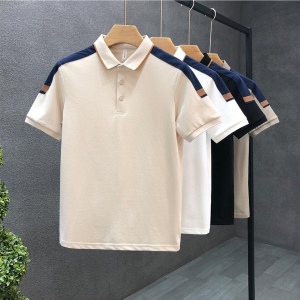 Men's clothing small drop shoulder contrast color matching lapel Polo shirt men's fashion brand new men's short sleeve slim collar T-shirt