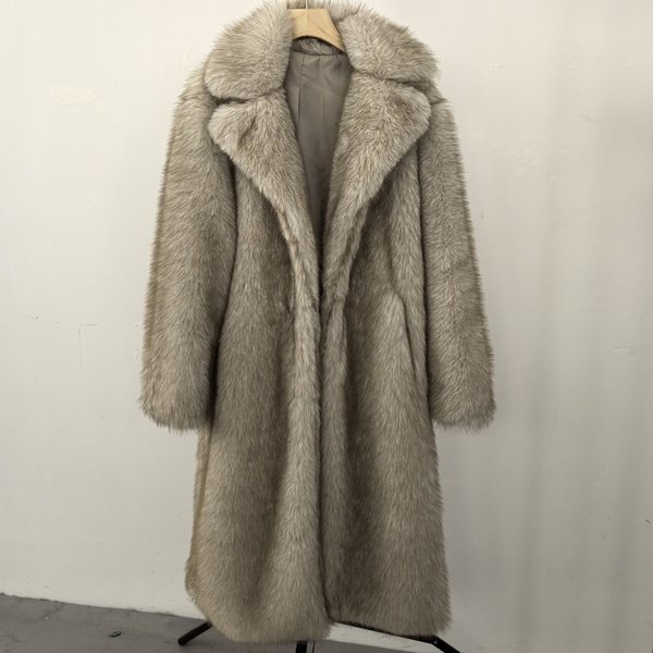 Women's Clothing High Quality Artificial Fur Environmentally Friendly Women's Long Faux Fur Coat - Elegant Jacket Notched Lapel Pockets Customizable-image