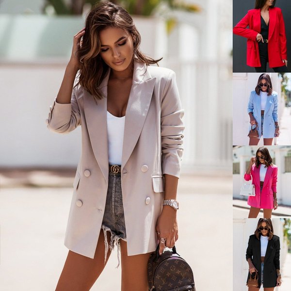 Women's Stylish Autumn/Winter Long-Sleeved Double-Breasted Blazer With Collar-image
