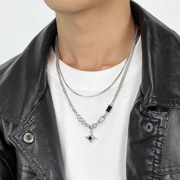 European And American Fashion Personality Star Double Layer Necklace Men's Trendy Hip Hop Non-Fading Titanium Steel-image