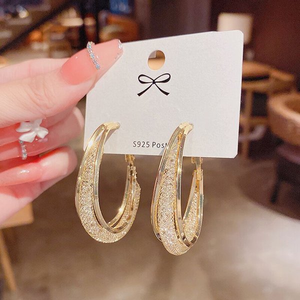 Metal Earrings Hollow Mesh Crystal Circle Earrings High Sense Earrings Fashion Temperament Micro Inlaid Female Earrings-image
