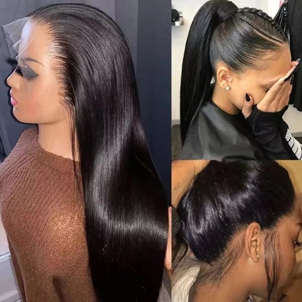 Synthetic Hair Hand-Woven Front Lace Wig Long Straight Hair Wigs 13×4 Lace Wig Set In Stock-image