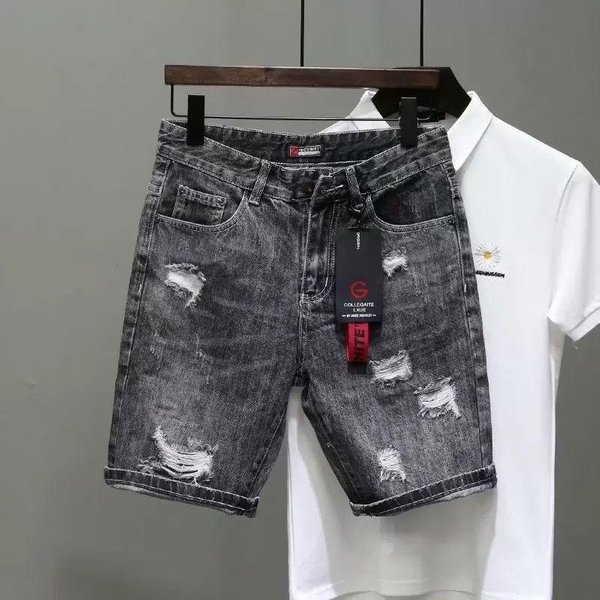 Men's Clothing Summer Thin Gray Ripped Denim Shorts Men's Style Slim Stretch Shorts Trendy Retro Pants-image
