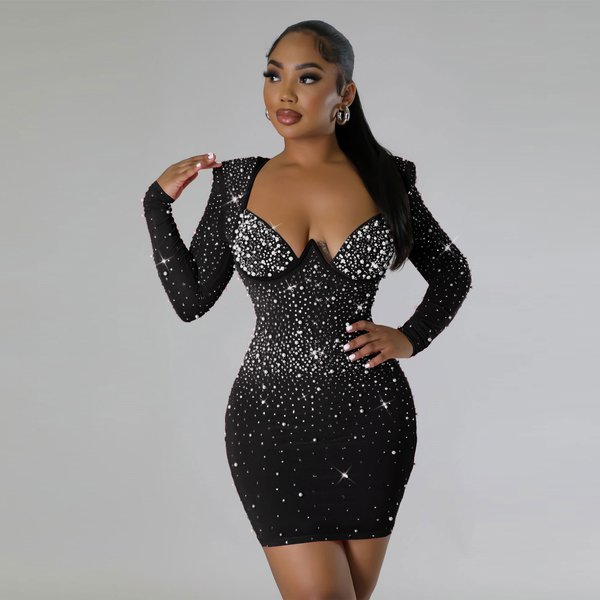 Women's Clothing Sexy Slim Fit Hot Diamond Slim Fit Elastic Hip Long Sleeve Dress