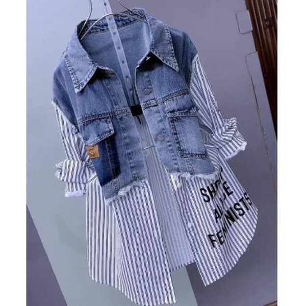 Fashionable Two-Tone Denim Shirt For Women - Stylish Layered Look With Striped & White Contrast Design - Casual Long Sleeve Blouse For Office