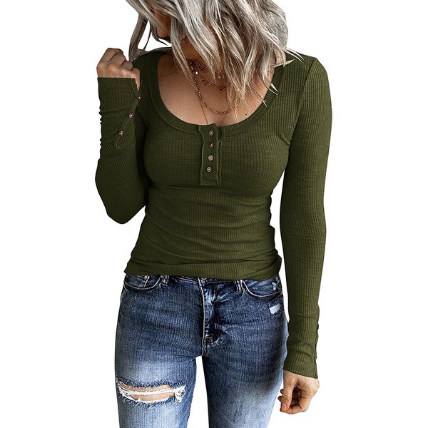 Women's Button-Down Vest Color V-Neck Long Sleeve T-Shirt Top-image