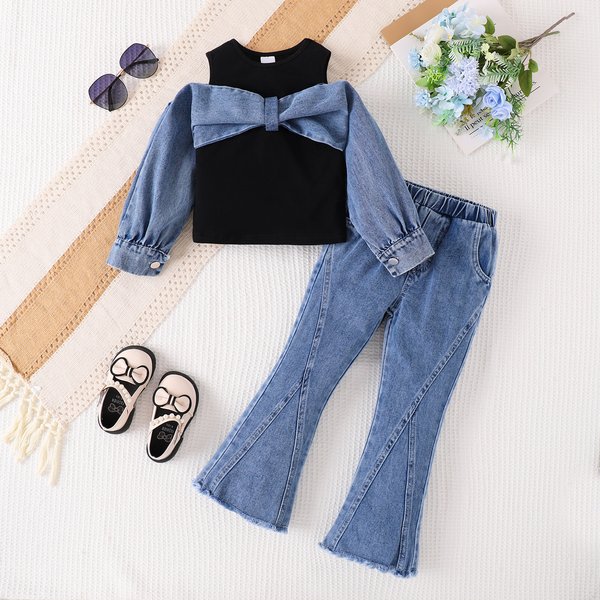 Denim Faux Two Piece Set For Girls Workwear With Flared Denim Pants Toddler Girls Clothing (3-7Y)-image