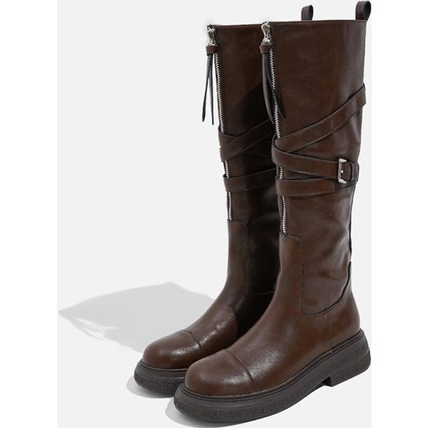 Niche design Long boots female rider boots Female heightening slim brown biker boots below the knee