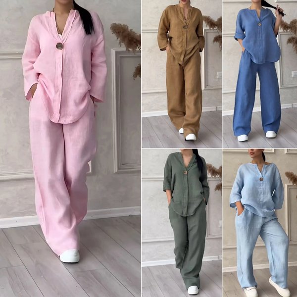 Women's Clothing 2 Piece Set Large Size Cotton And Linen Shirt Set High Waist Loose Trousers-image