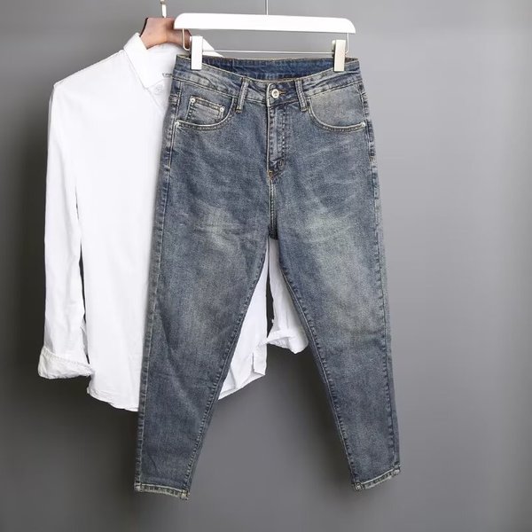 Men's Slim Fit Stretch Denim Jeans - 9/10 Length Straight Leg Casual Pants For Spring Summer - Vintage Wash Blue Jeans With Comfortable