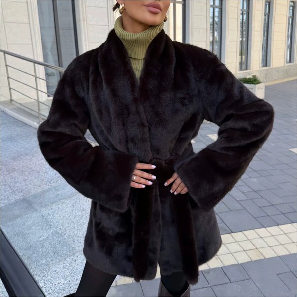 Women's Elegant Mink Fur Coat V-Neck Mid-Length Faux Fur with Belt Warm Autumn Winter Outerwear