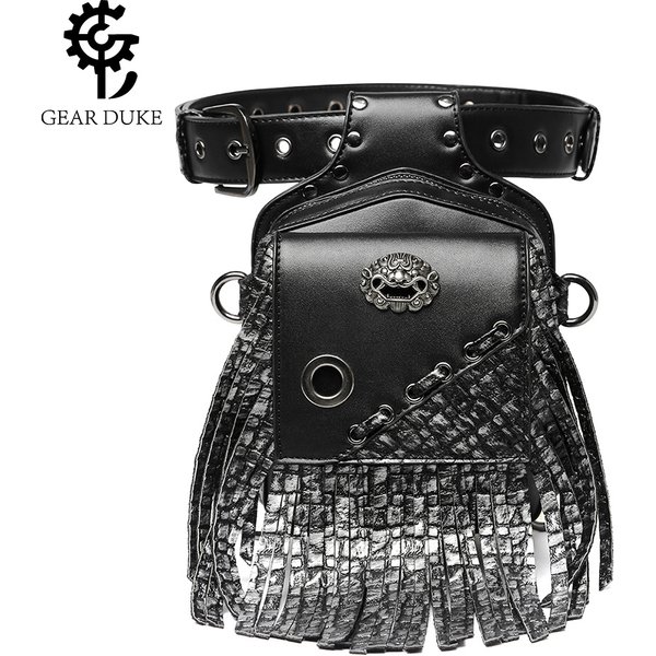 Punk Men's Waist Bag, Pu Leather Outdoor Tactical Bag, Women's Tassel Hanging Bag-image